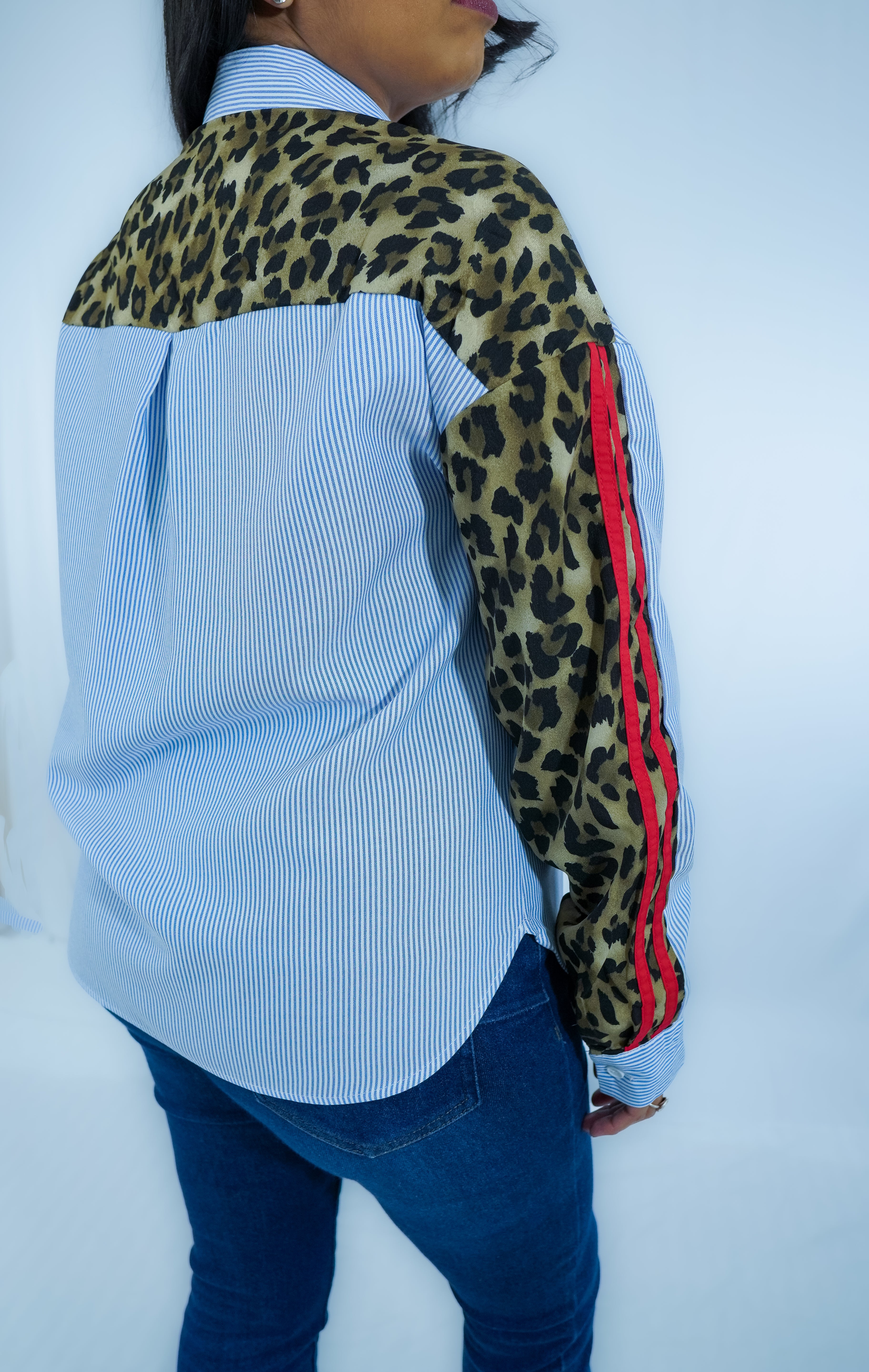 Stripe Leopard Patchwork Button Down Shirt