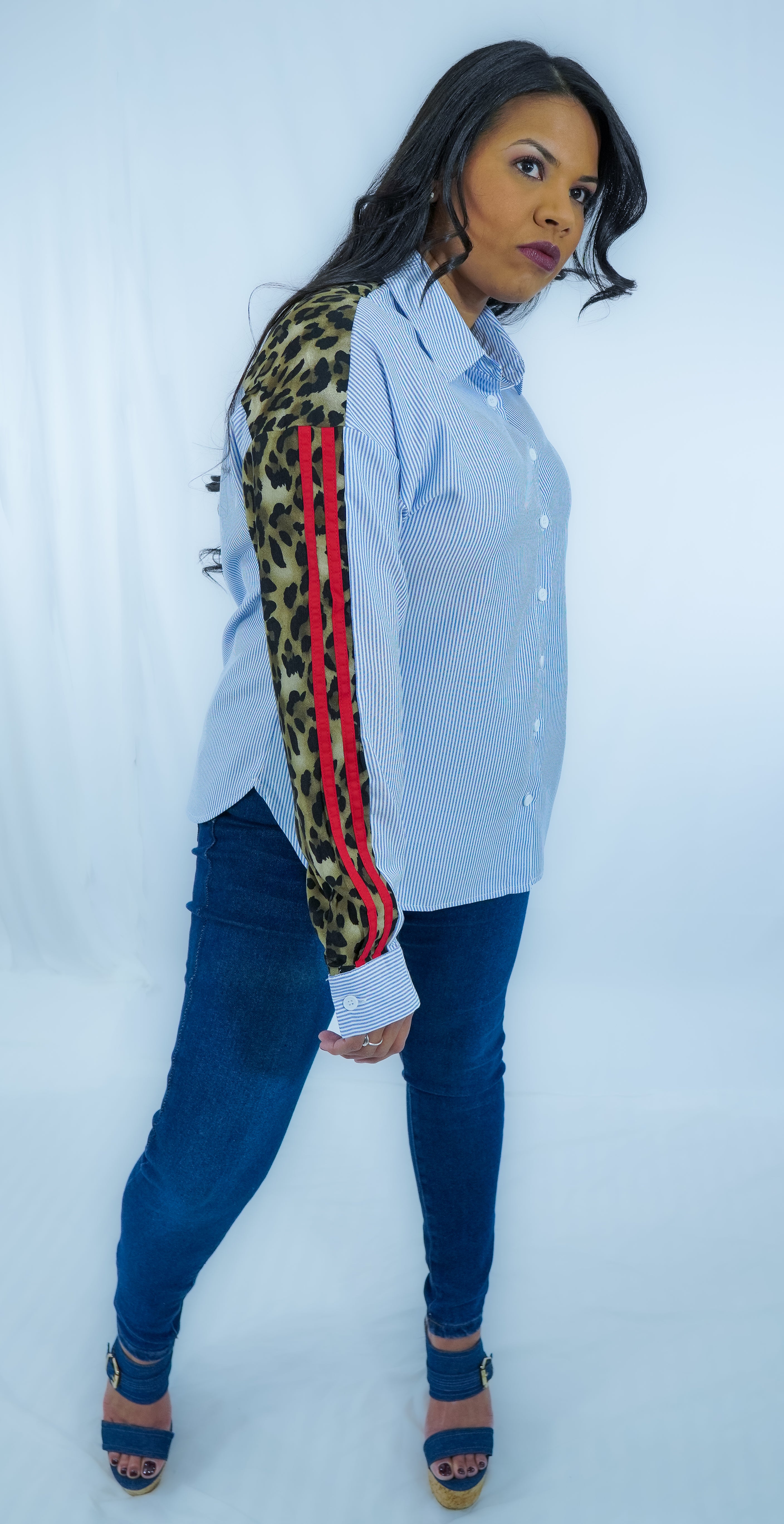 Stripe Leopard Patchwork Button Down Shirt