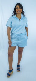 Half Zip Loose Short Sleeve Sweatshirt Set