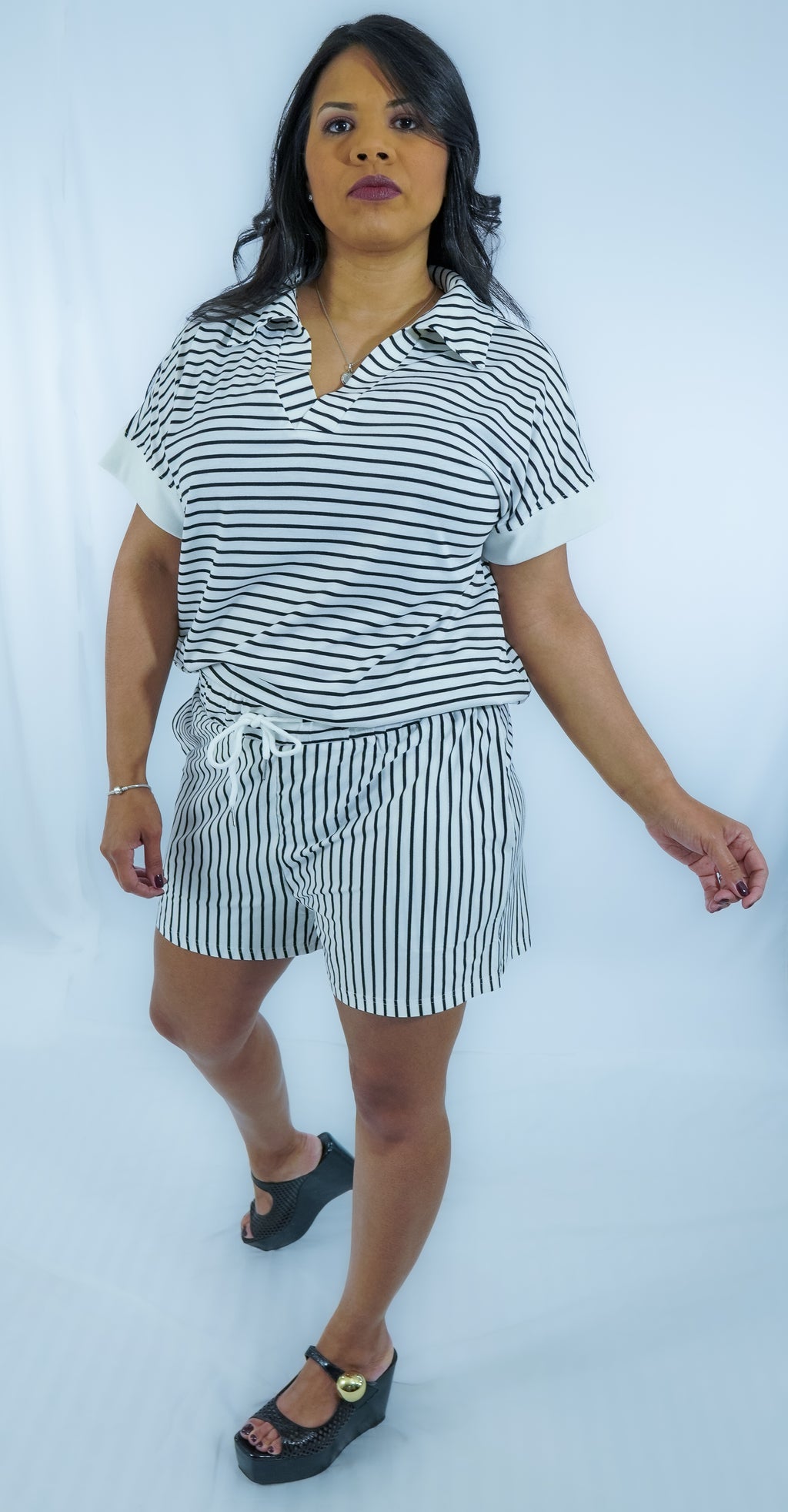 Striped V Neck Tee and Casual Shorts Set